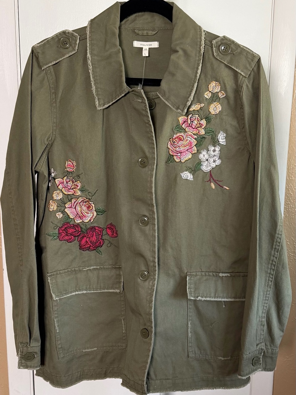 Maurices NWT Embroidered Floral Utility Jacket Olive Green Large